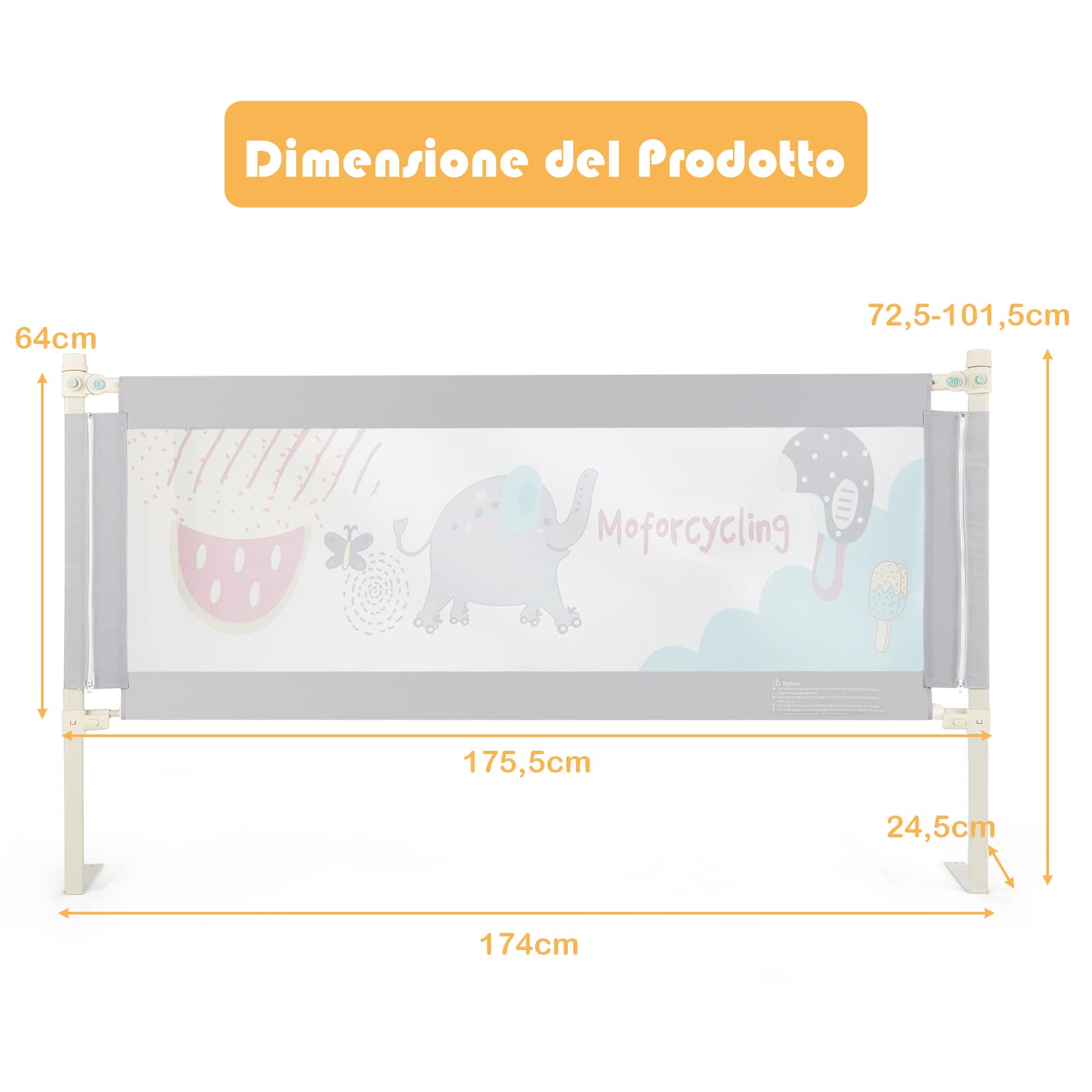COSTWAY Sponda Letto per Bambini 175 cm, Barriera Pieghevole con Altezza Regolabile, in Tessuto Oxford con Cerniera, con Motivo Cartone Animato, 175,5 x 24,5 x 72,5-101,5 cm (Modello 1, 175 cm)