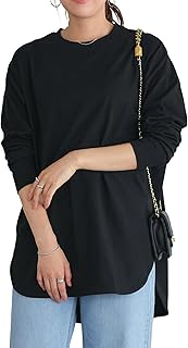 [ピエロ] ロングスリーブ Tシャツ レディース コットン (クルーネック/オーバーサイズ) 重ね着 レイヤー ロンT 長袖 カットソー トップス (S/ブラック) MD