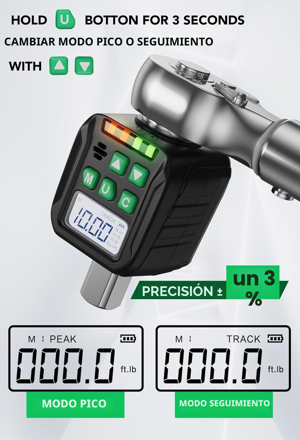 Llave Dinamometrica Digital, 1/2 1/4 3/8 Adaptadores de Alta Precisión 6 Unidades de Torsión Pantalla Retroiluminada (17-340NM)