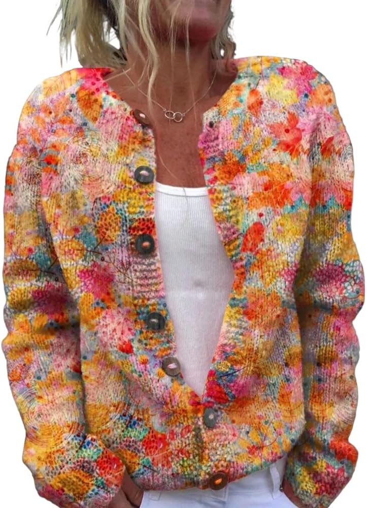 Women's Boho Floral Cardigan Sweaters Cute Cat Print Button Down Knit Casual Long Sleeve Outerwear Tops for Fall Spring