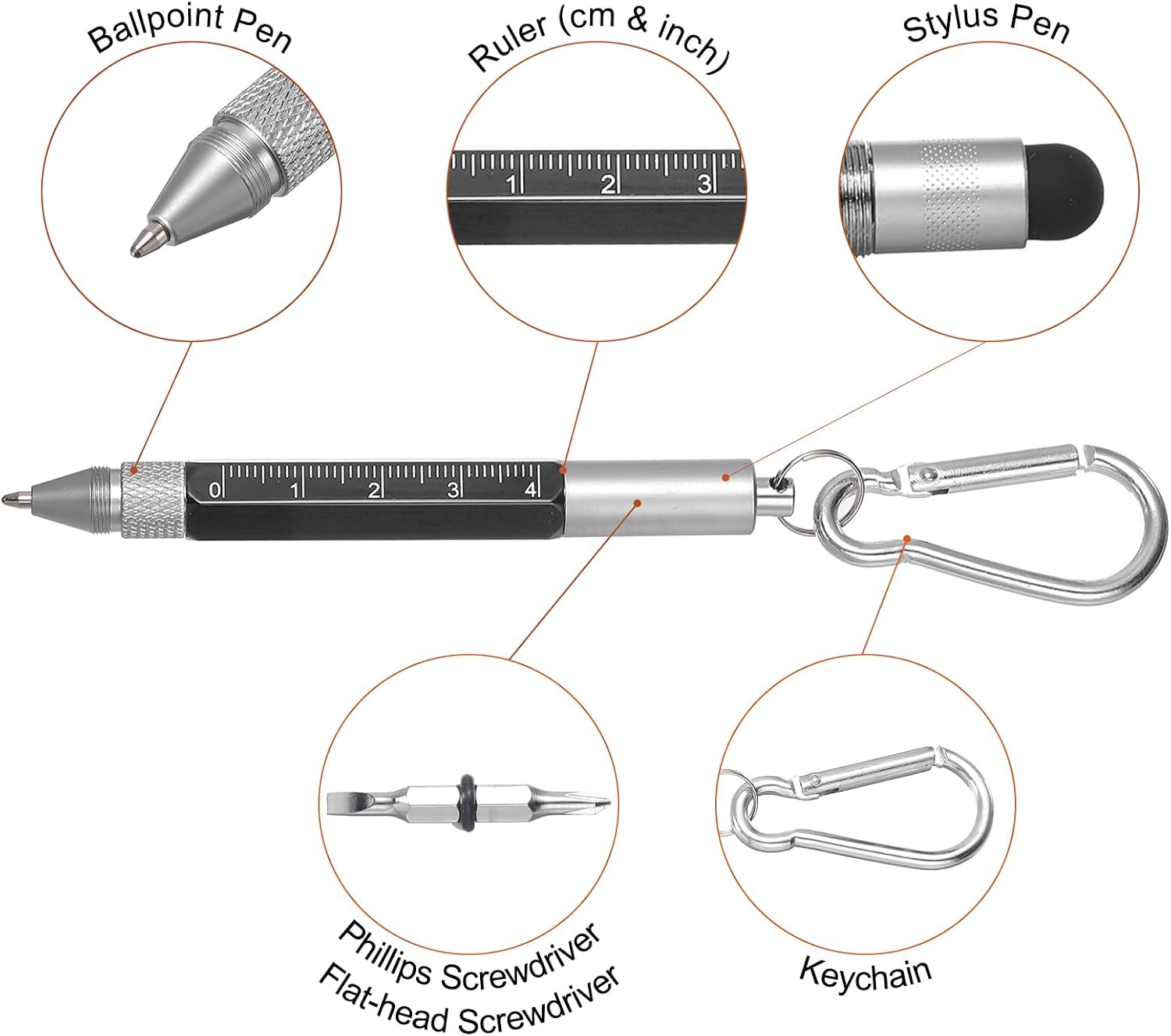 MECCANIXITY 6 in 1 Metallic Stylus Pen Aluminum Alloy Mini Capacitive Pens with Ballpoint Pen, Ruler, Screwdriver, Stylus, Keychain for Men and Women,Black