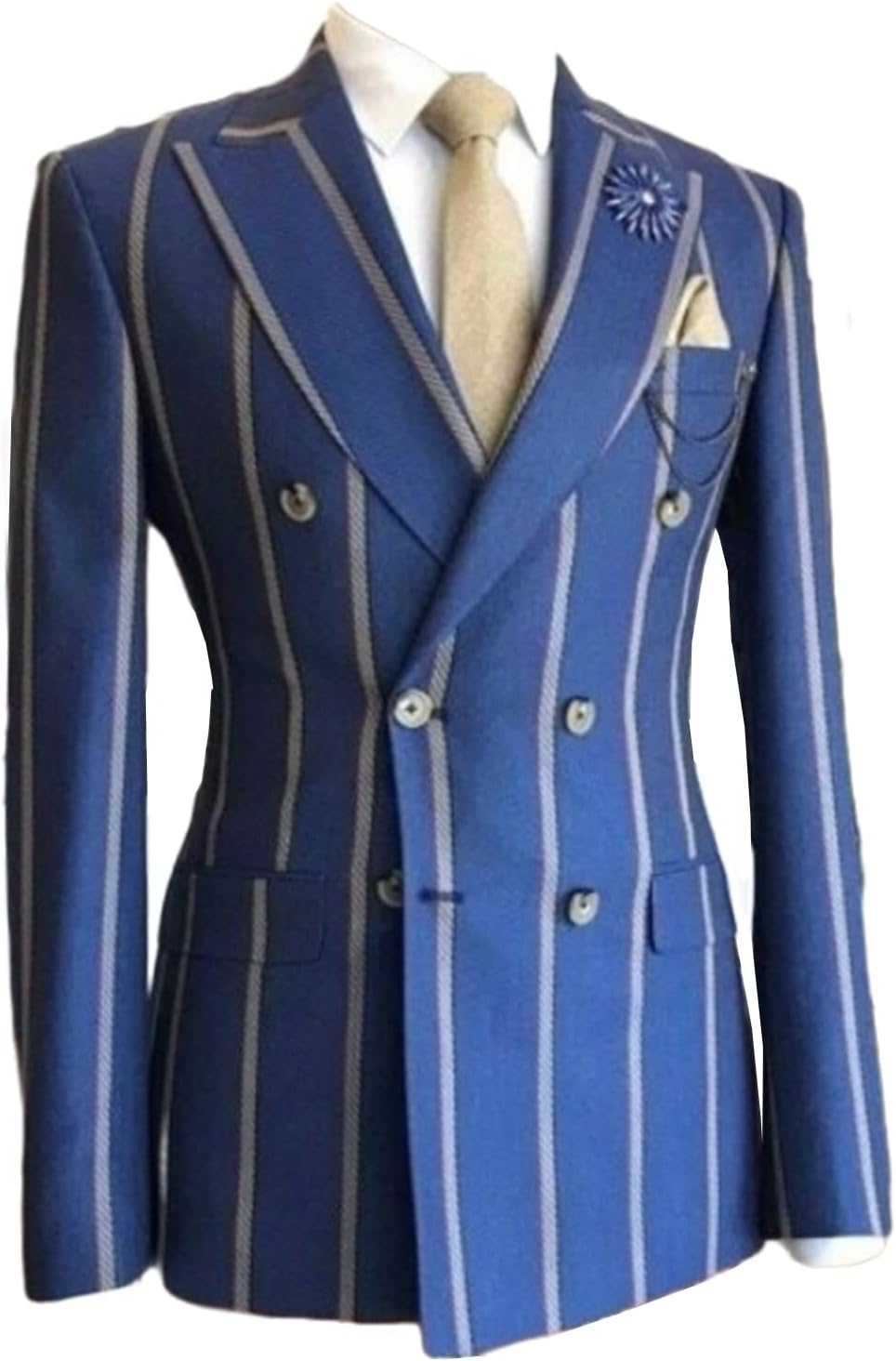 Men's Stripe Double Breasted Buttons Blazer Peak Lapel Business Casual Coat