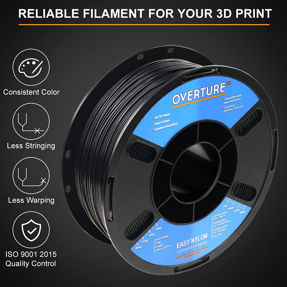 OVERTURE Nylon Filament 1.75mm 3D Printer Consumables, Polyamide (PA) 1kg Spool (2.2lbs), Dimensional Accuracy +/- 0.05 mm, Fit Most FDM Printer (Black) : Industrial & Scientific