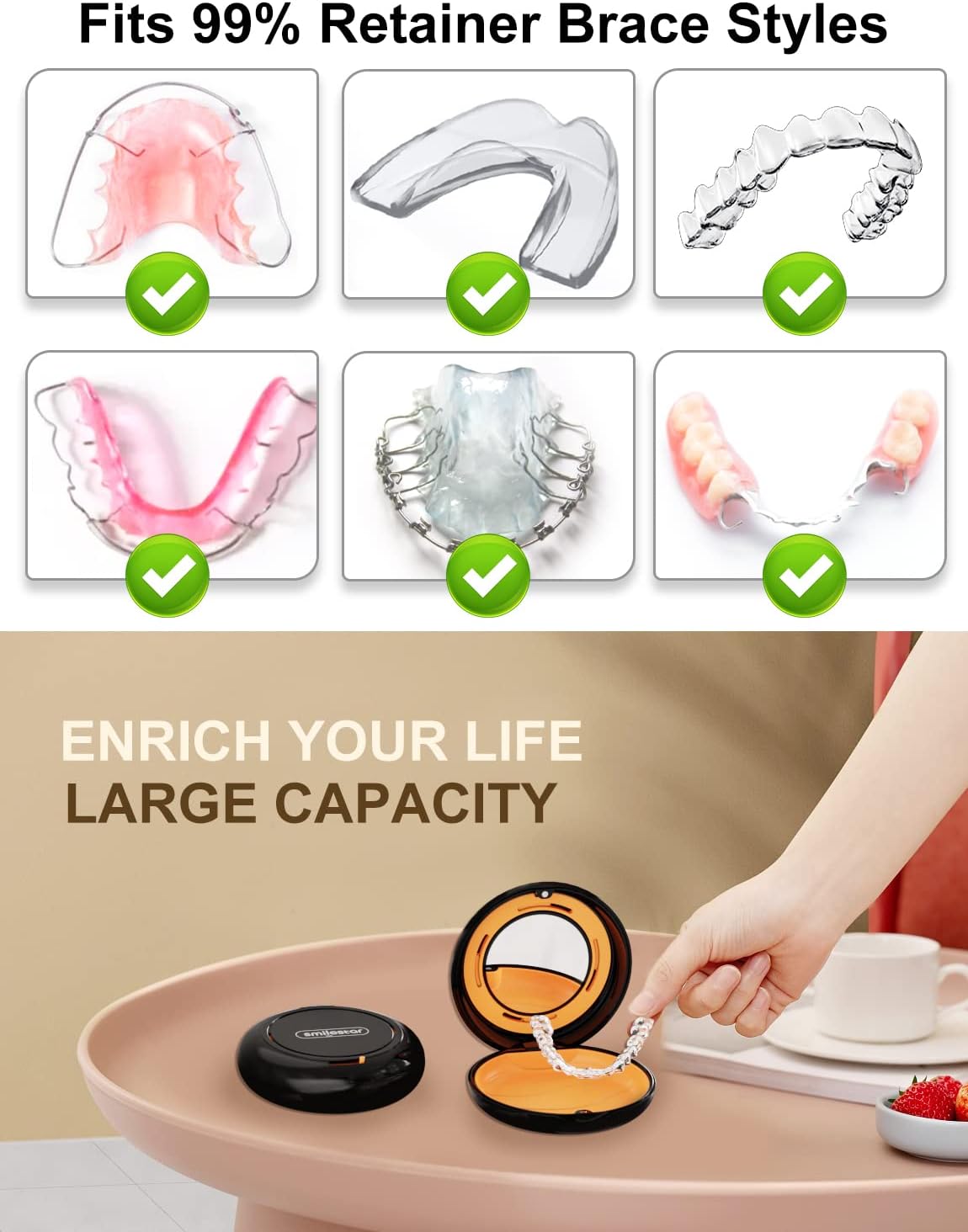 Retainer Case, Slim Aligner Case with Mirror, Compatible with Invisalign, Mouth Guard Case, Cute Retainer Case with Vent Holes, Black