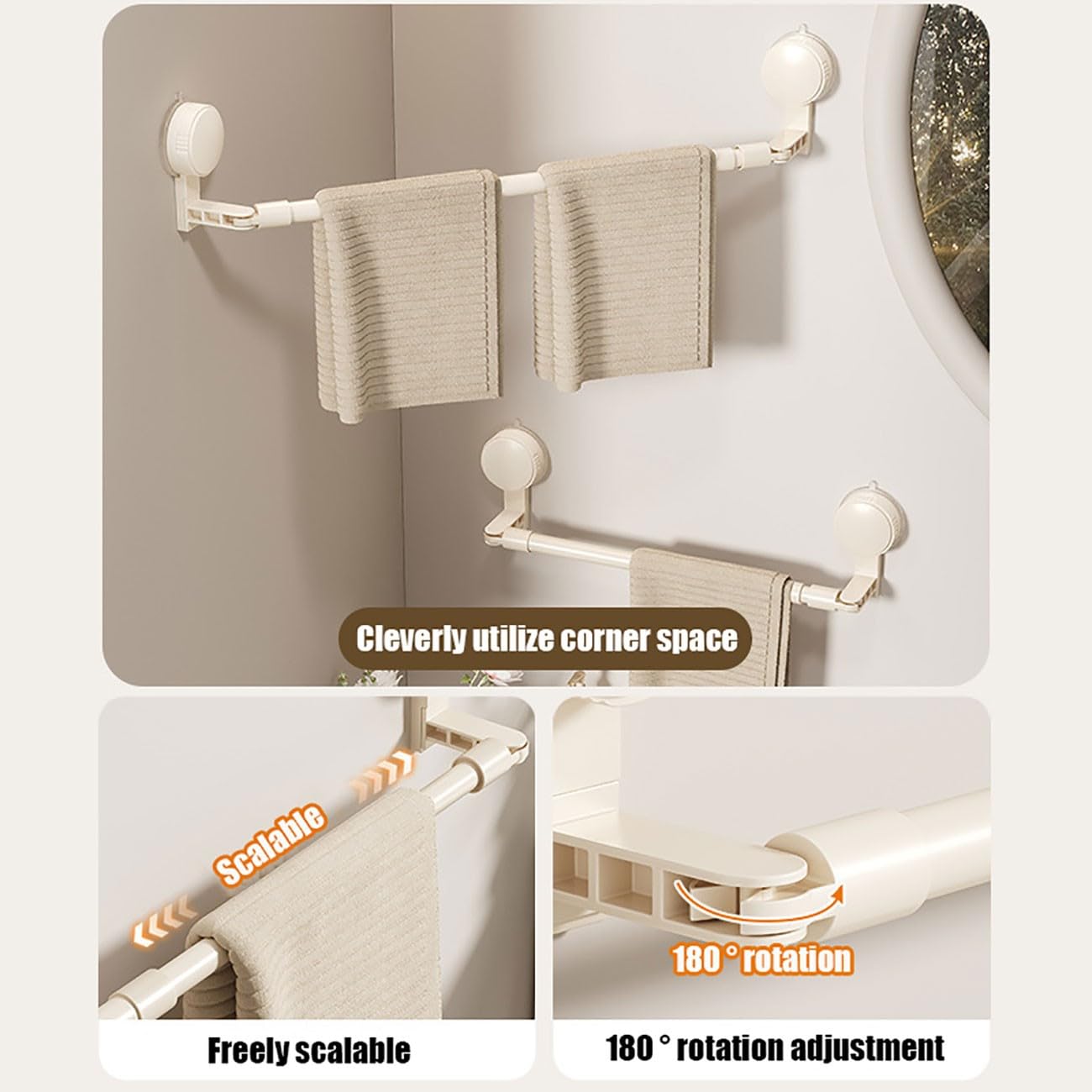 Paquete de 2 toalleros con ventosa sin taladro, organizador de baño ajustable extensible con estante de almacenamiento, soporte versátil para toallas de ducha para accesorios de baño y cocina