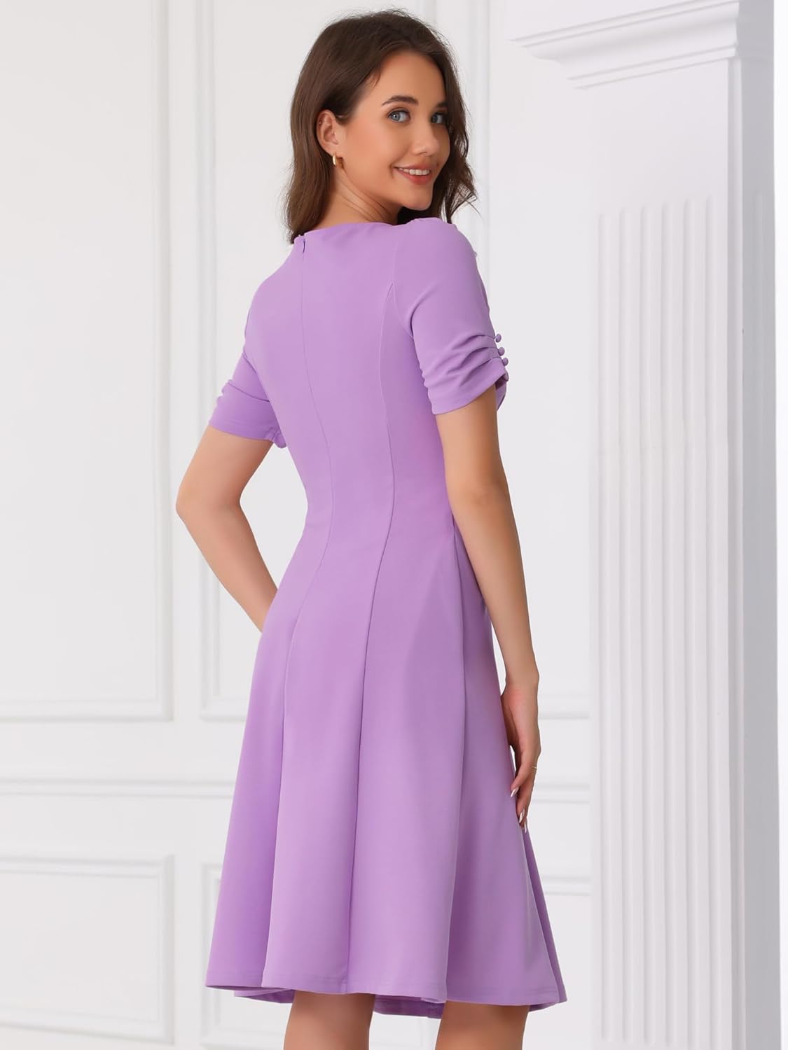 Allegra K A-Line Work Dress for Women's Square Neck Ruched Short Sleeve Dresses - Image 3