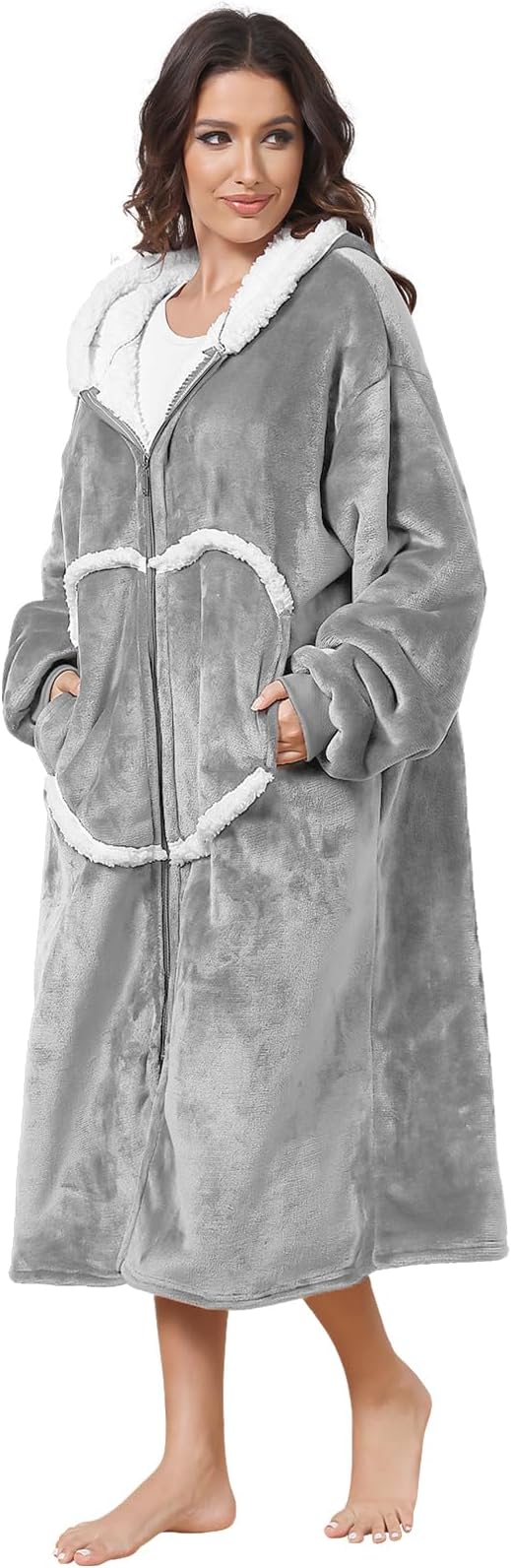 Oversized Wearable Blanket with Sleeves and Hood, Adult Hoodie Blankets with Zip and Pockets (Light Grey-#a, 120)