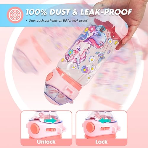 Miniatura 4 de Botella de agua para niños con popote, para la escuela, niños, niñas, niños, botella de agua potable sin BPA de 22 onzas, apertura de un solo clic,