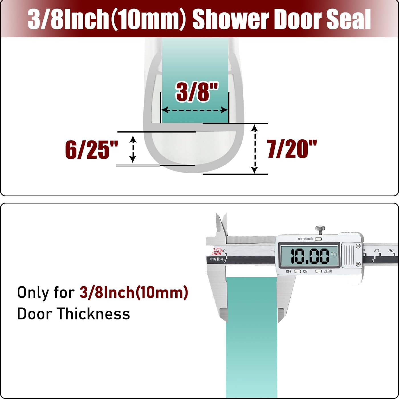 KOLAKO Shower Door Seal, 3PCS x 39.37 Inch Glass Door Sweep for 3/8Inch Frameless Shower Doors Side Seal Strip U-Type Waterproof Sealing Jam to Stop Leak Clear 3/8''(10mm)- For Door Side