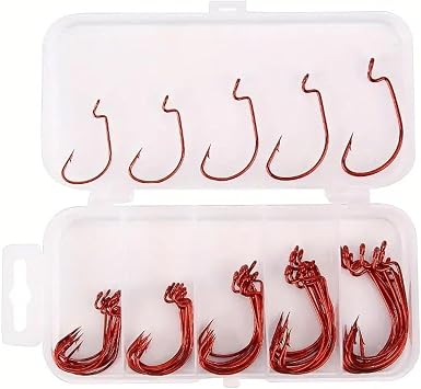 50Pcs Premium Fishing Hooks Set - High Carbon Steel, Ultra Sharp, All-in-One Box for Bass Trout Freshwater SaltwaterRed