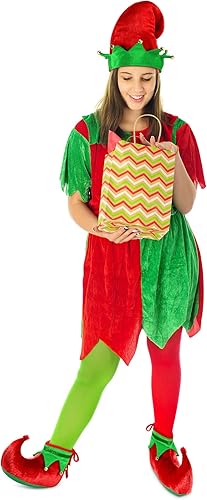 Miniatura 4 de SATINIOR Juego de accesorios de disfraz rojo y verde de Navidad con zapatos y sombrero de elfo de Papá Noel