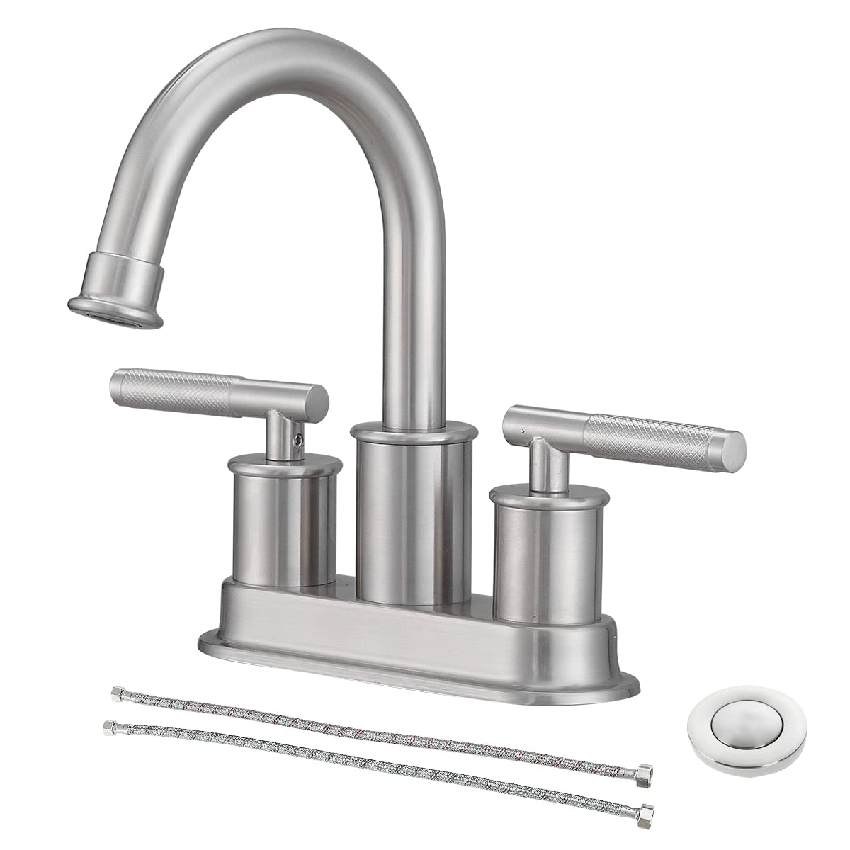 OWOFANBathroom Sink Faucet 2 Handle 4 Inch Centerset Vanity Lavatory Bath Sink Faucet with Pop Up Drain Stopper and Supply Hoses (Brushed Nickel)