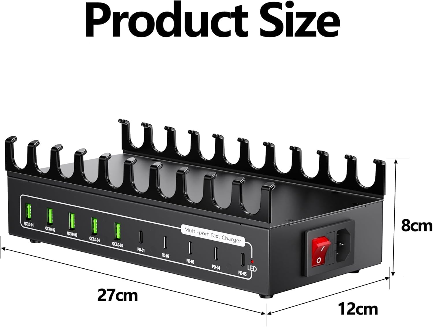 Ladestation, USB-C-Ladestation für mehrere Geräte, Gesamtleistung 200W 10 Ports [5USBA & 5USBC] Ladestation, 10 Ladekabel, Kompatibel mit iPhone 11/12/13/14/15/16/XS/XR/8/Handy/Tablet