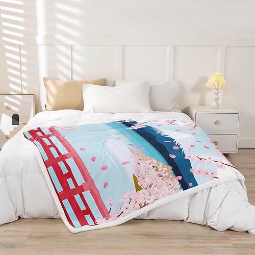 Miniatura 2 de Erosebridal Manta de forro polar con diseño de flores de cerezo Fuji con montura japonesa, 60 x 80 pulgadas, manta de estilo japonés para niños,