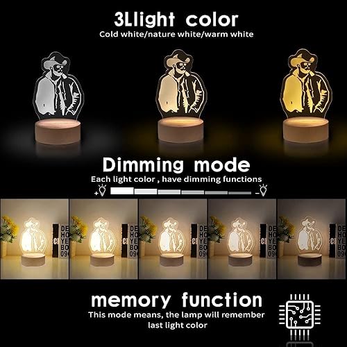 Miniatura 2 de Western Cowboys - Luz nocturna (base de madera), recargable, 3 colores y brillo ajustablecontrol táctil, lámpara de noche de vaqueros, regalo con