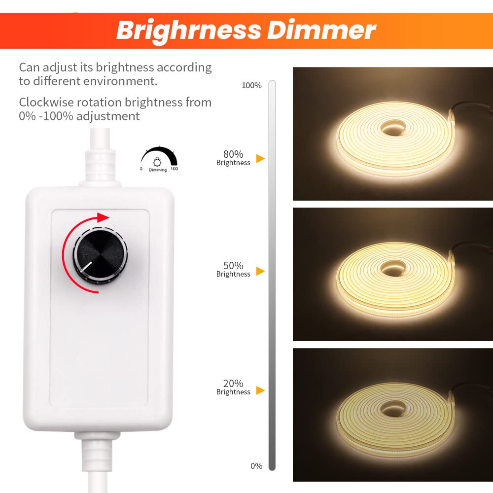 XUNATA Striscia LED COB Dimmerabile con Interruttore, Alta luminosità 288 LED/m, IP65 impermeabile, Nastri LED Flessibile Luce a Corda con Alimentatore 220V (15m, Bianco Caldo)
