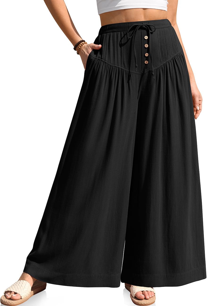 TARSE Women Linen Wide Leg Pants Palazzo High Waisted Boho Loose Casual Lounge Pant Beach Travel Vacation Outfits
