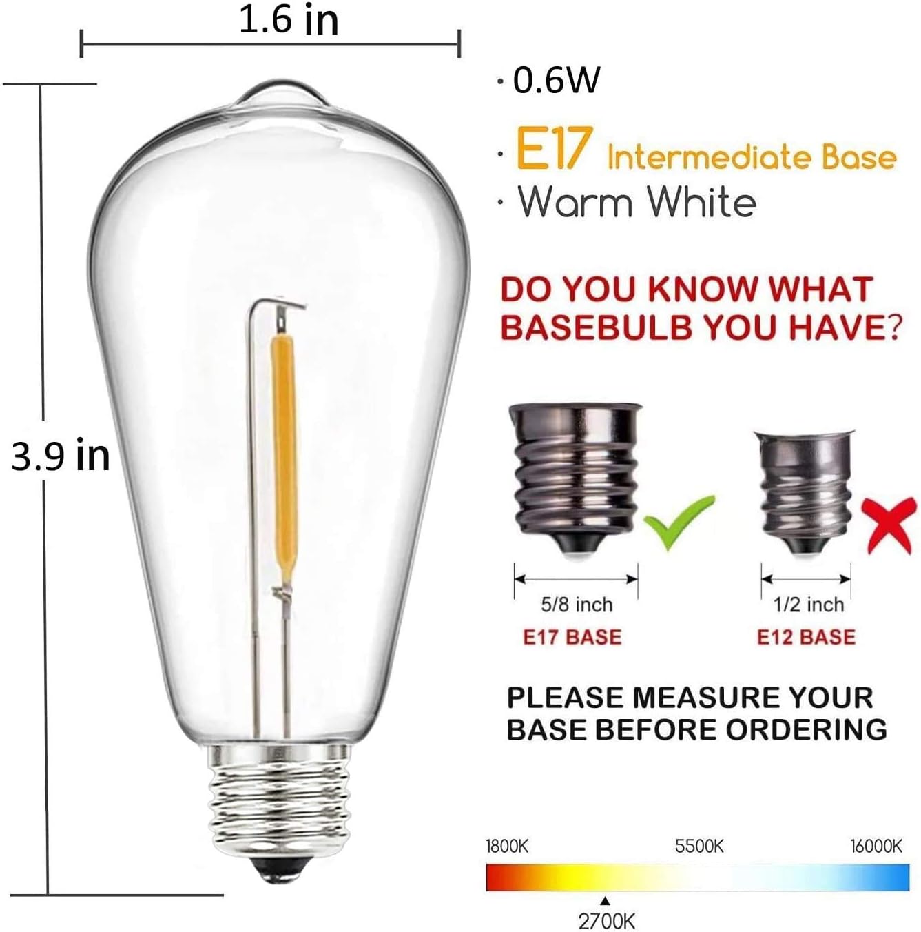 Romasaty 10-Pack LED Light Bulbs,0.6Watt C9/E17 Screw Base ST40 Replacement Clear Plastic Light Bulbs for Outdoor Patio ST40 String Lights,Warm White