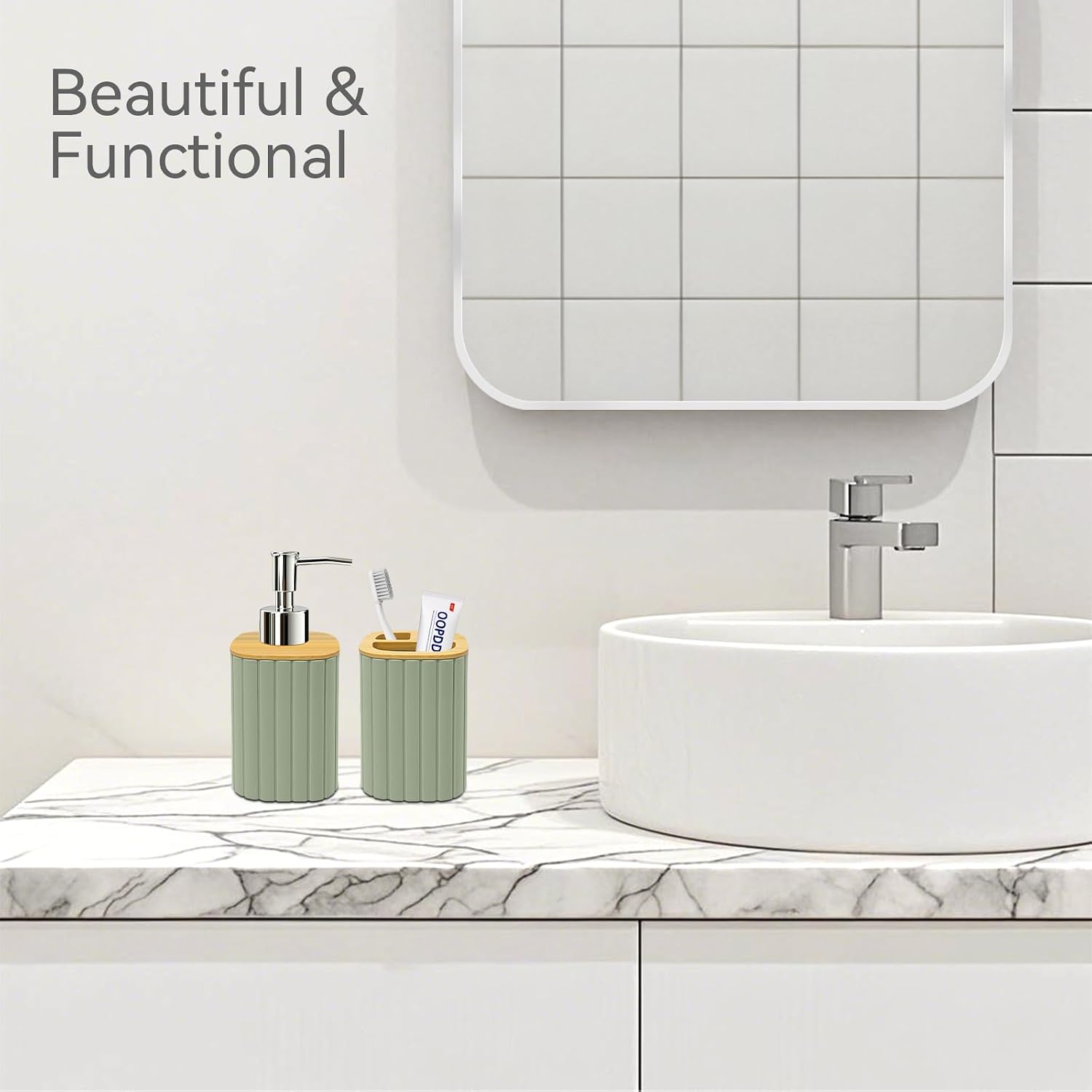 Plastic Bathroom Accessories Set, 2 PCS Bamboo Bathroom Sets Accessories, Soap Dispenser and Toothbrush Holder Set, Bathroom Set Striped(Sage Green)