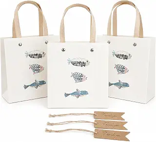 [Pyupinoir] 紙袋 手提げ ギフトバッグ 3枚セット 厚手 耐水タイプ 魚柄 リボン持ち手 プレゼント 手土産 帰省用 タグ付き (Mサイズ)