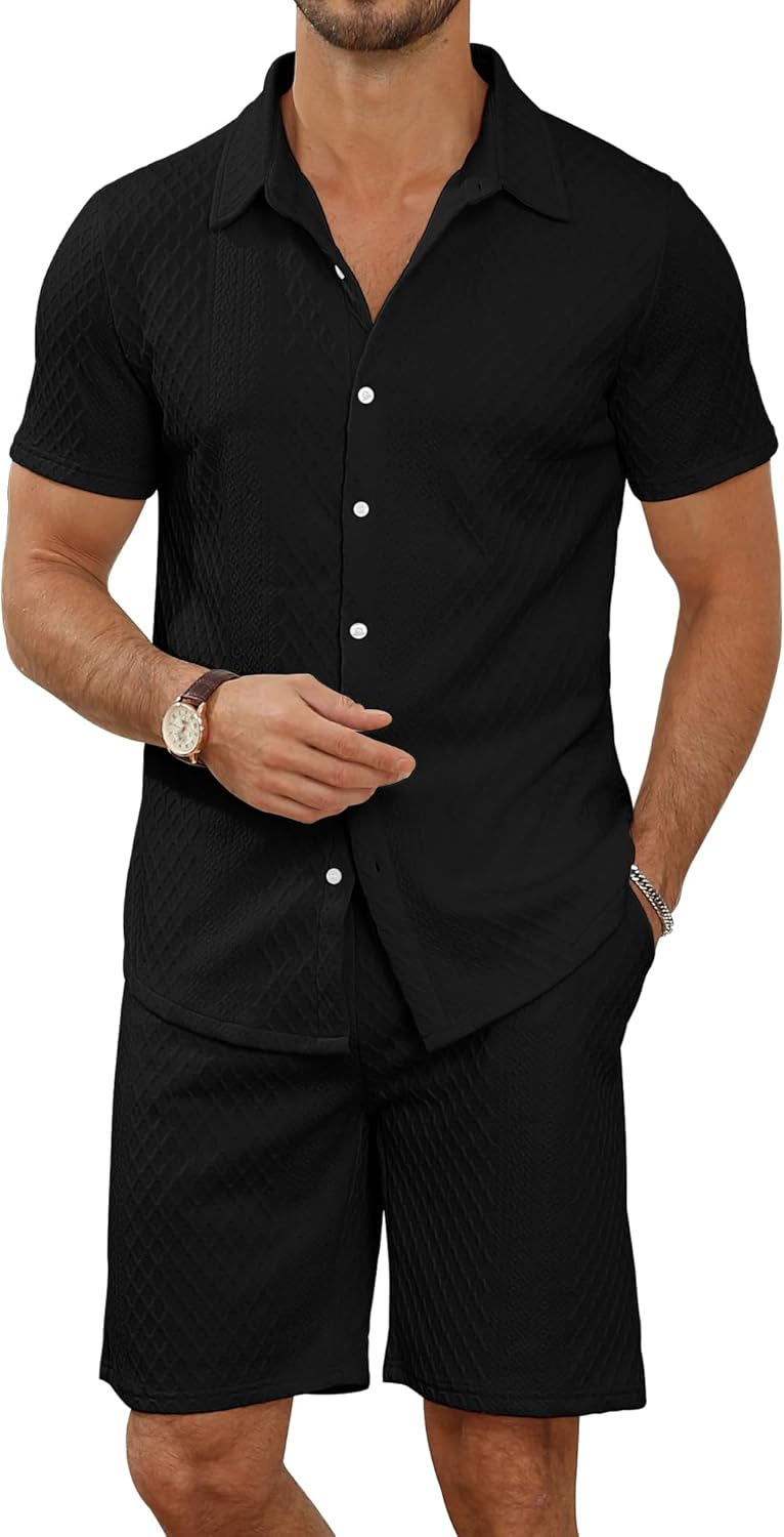 MLANM Men's 2 Piece Outfit Summer Short Sleeve Button Down Shirts and Shorts Sets with Pockets