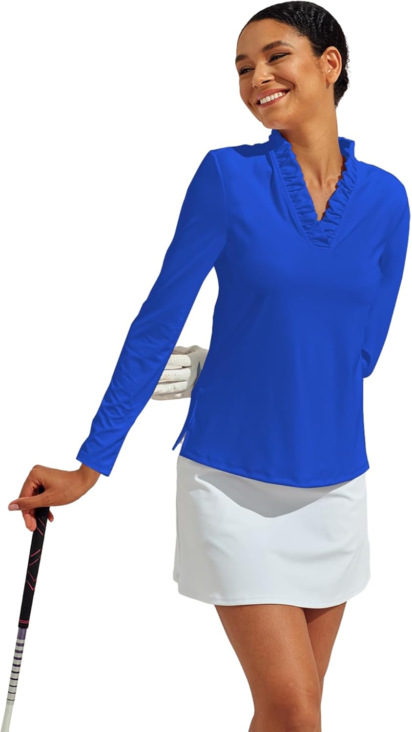 ACEGOLFS Womens Golf Polo Shirts Casual Ruffle V Neck Long Sleeve Tops for Women UPF 50+ Rash Guard Ladies Pullover Shirt