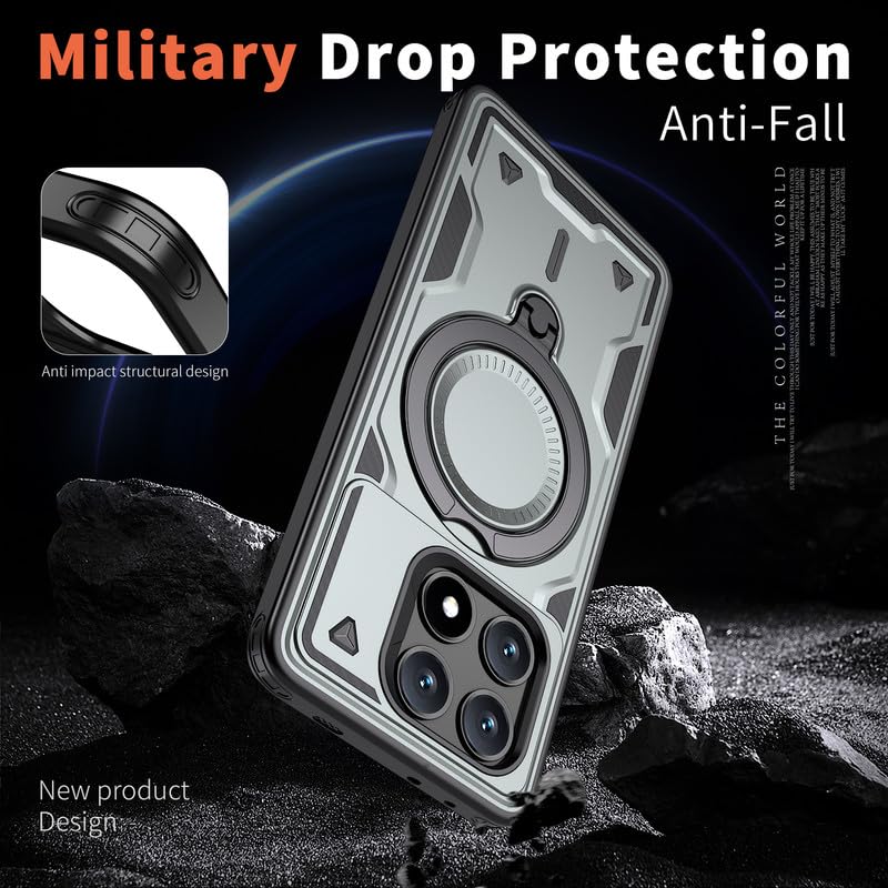 Image of Bumper Armor Shockpoof Case Compatible with Poco X6 Pro 5G, Magnetic Attraction Ring Holder Phone Cover and 360 Protection Rotate Stand Case Cover for Poco X6 Pro 5G - Silver