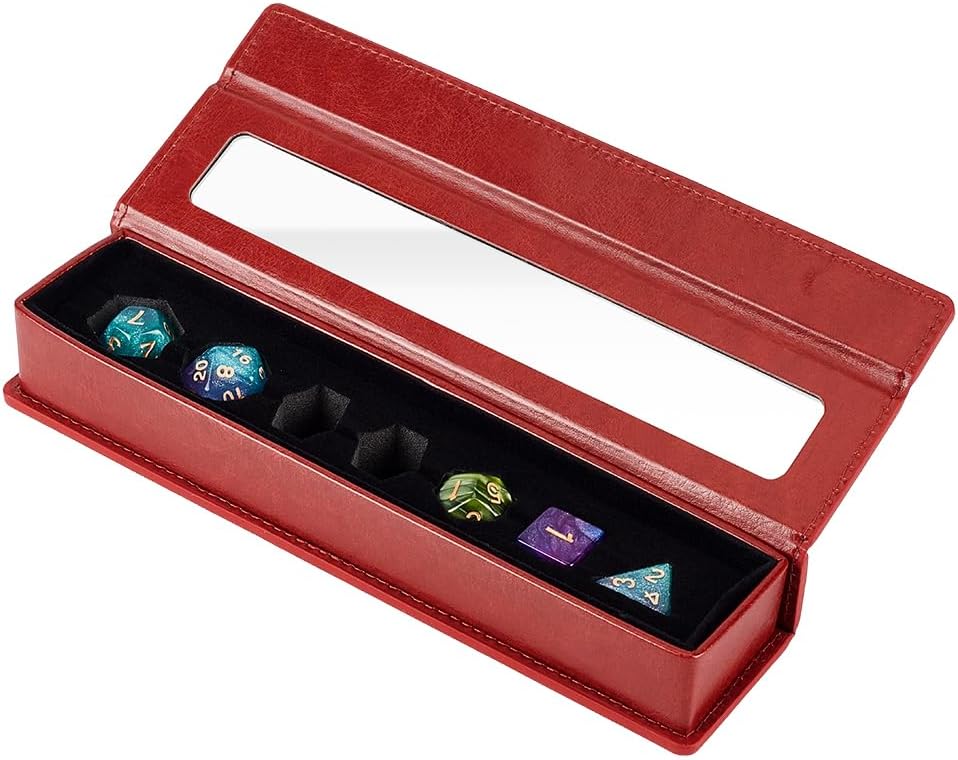 MAYJOYDIY 7-Slot Leather Dice Case Box Rectangle Gift Boxes Dice Organizer Boxes with Visible Window Lid for MTG DM and Player, Black