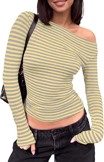 Cioatin Women One Off Shoulder Striped Crop Tee Tops Long Sleeve Slim Fit Tshirt Y2K Aesthetic Fall Going Out Minimalist