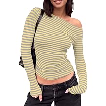 Cioatin Women One Off Shoulder Striped Crop Tee Tops Long Sleeve Slim Fit Tshirt Y2K Aesthetic Fall Going Out Minimalist