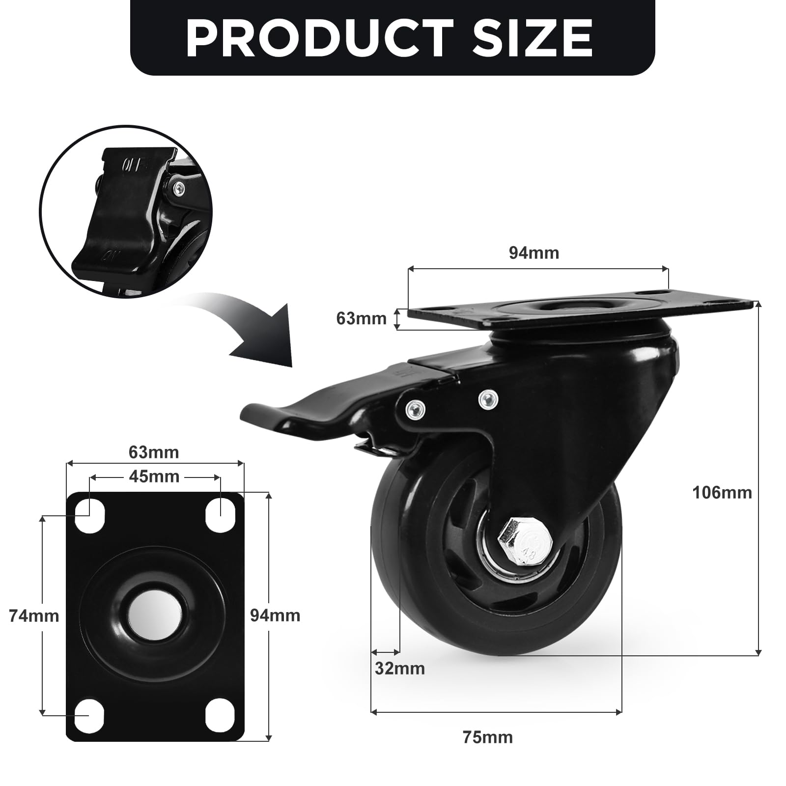 Caster Wheels, Heavy Duty 75mm Casters Set of 4, Locking Swivel Casters Wheels for Cart Furniture and Workbench, Black - Image 2