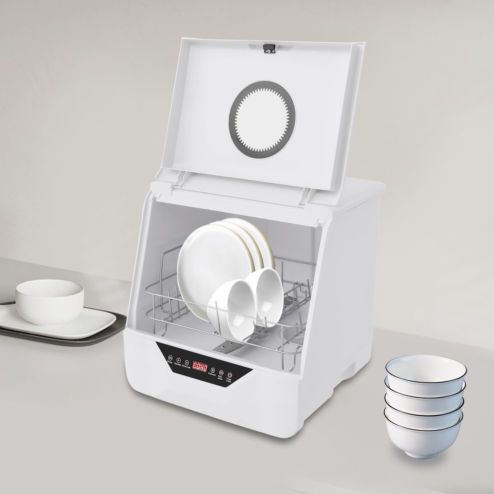 Mini lavavajillas 4 programas 2-5 personas blanco | Lavavajillas de encimeras para cocina pequeña, dormitorio y autocaravana, 360°, manguera de 1,5 m