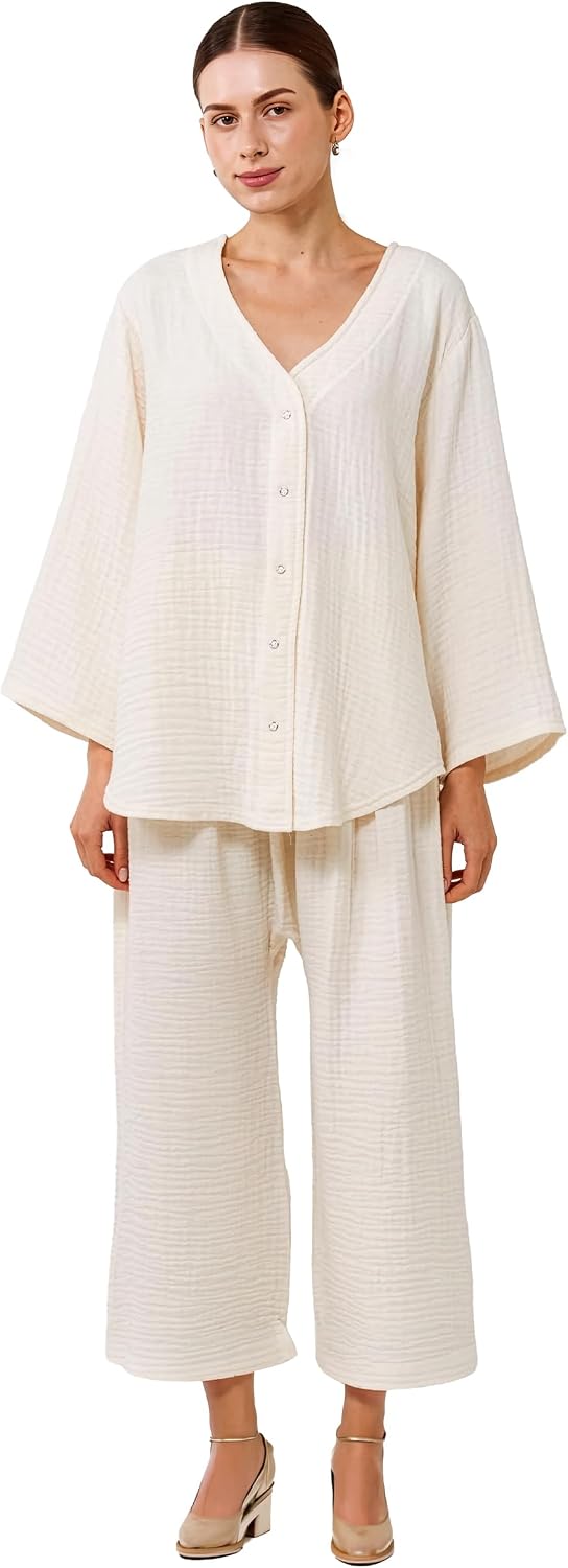 NOTHING FITS BUT Muslin Gauze Nursing Set, 2 Piece Postpartum Pajamas, Ultra Soft Maternity Loungewear for Nursing, Soft Pjs