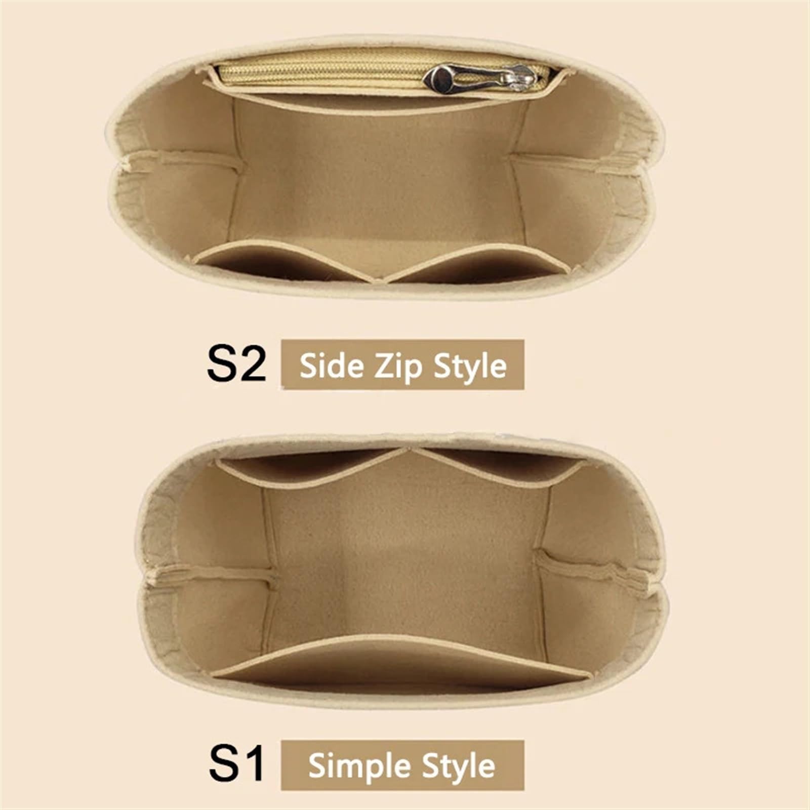 Innentasche Aus Filz 4 Stück Taschen-Organizer, Mini-Taschen-Organizer, Einsatz, geschichteter Liner, leichte Aufbewahrungstasche, geeignet for Taschen(Beige No Zip)