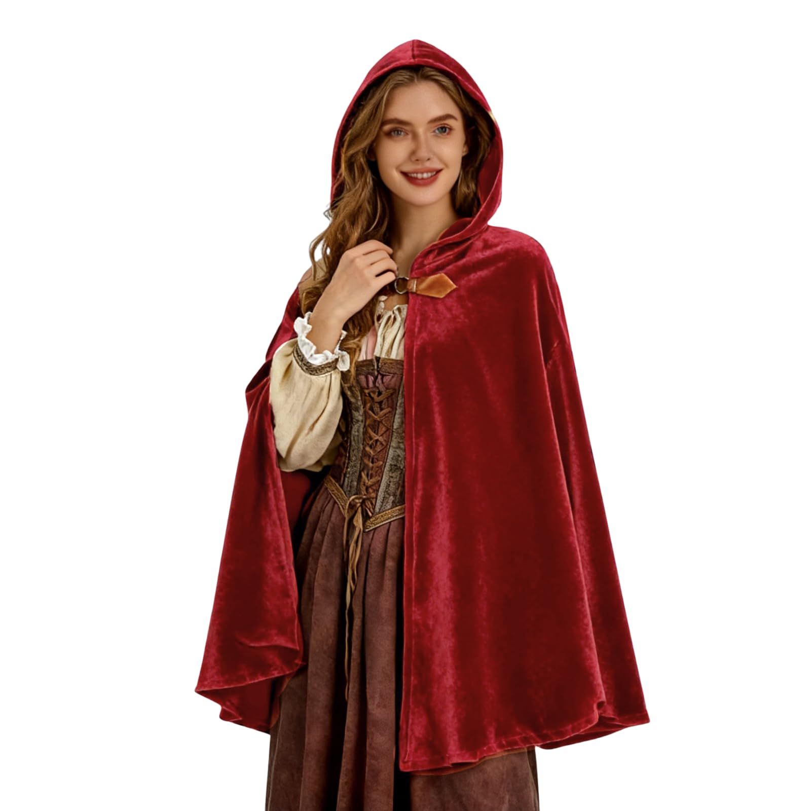 HAPNBCELE Adults Medieval Cloak with Hood, Renaissance Cape Costume Halloween Wizard Cosplay LARP Renaissance Fair RPG Party (Red, 51.1โ/130cm) โ image 1
