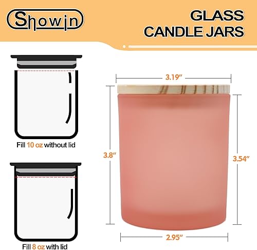 Miniatura 4 de SHOWIN Tarros de vela de vidrio de 10 onzas para hacer velas, 15 unidades, tarros de color rosa esmerilado con tapas de madera para tarros de