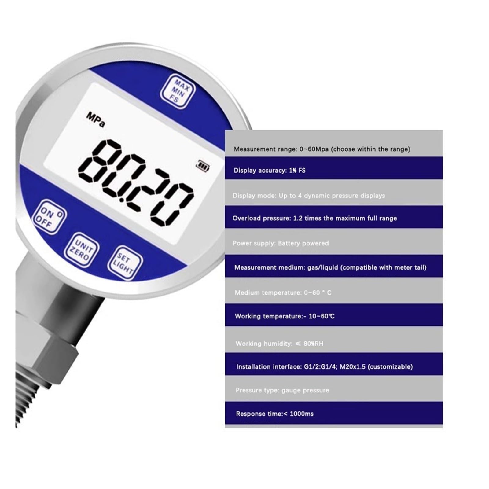 Manómetro, Manómetro Digital de alta precisión, manómetro hidráulico electrónico Digital resistente a golpes, manómetro negativo de vacío(M20x1.5 Customized,0-4mpa 60mm)