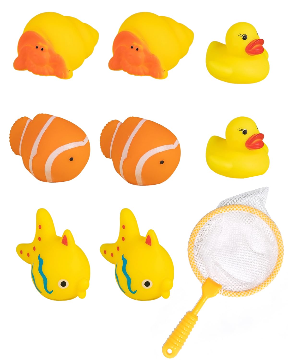 UZEXYO 8 Pcs Floating Bath Toys for Toddlers & Kids with Yellow Fishing Net, Water Play Clownfish, Shells, Ducks & Fish for Pool, Beach & Sensory Development.
