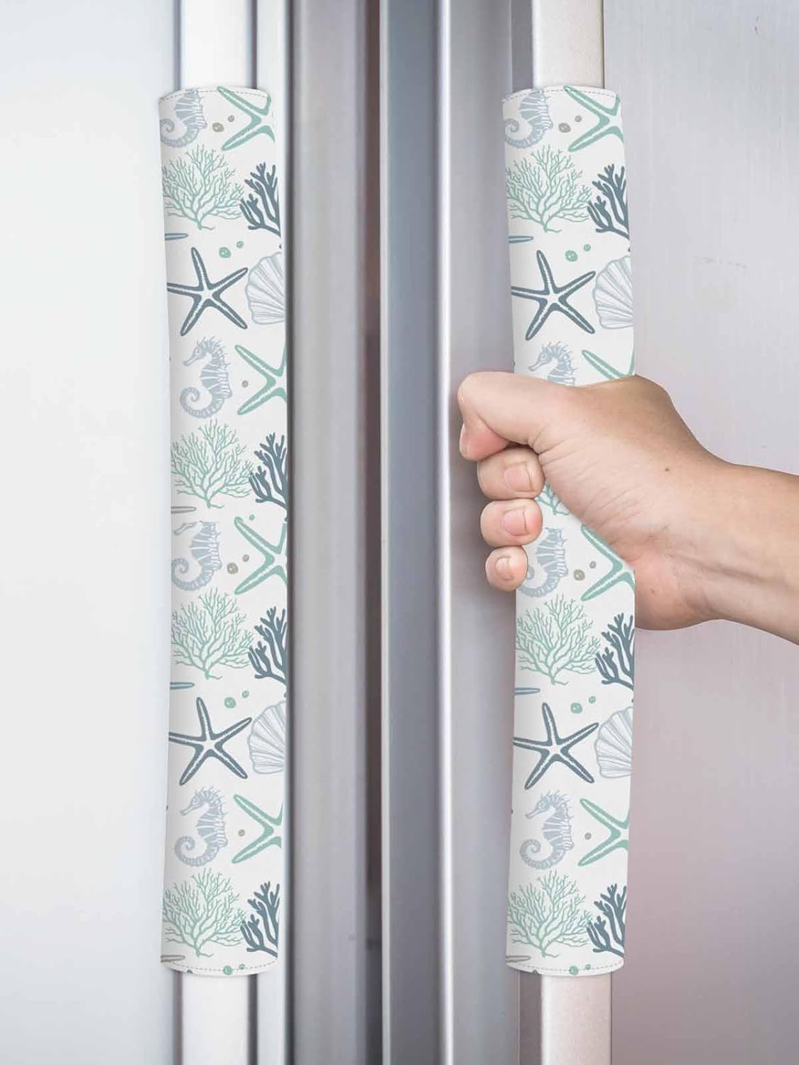 Aqua Teal Coastal Refrigerator Door Handle Covers Set of 2,Ocean Beach Starfish Shells Coral Kitchen Microwave Oven Dishwasher Stove Cabinet Handle Protectors, Nautical Marine Life Appliance Decor