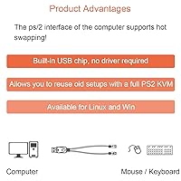 Vista 4 de Cable adaptador PS2 a USB A para teclado y mouse - PS/2 macho a USB A macho, cable de repuesto, 2
