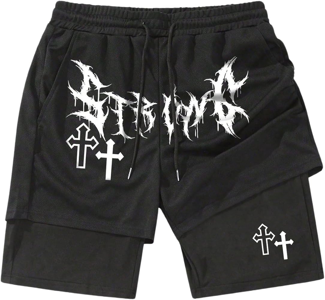 SHENHE Men's Graphic Shorts with Liner Y2K Cross Print Drawstring