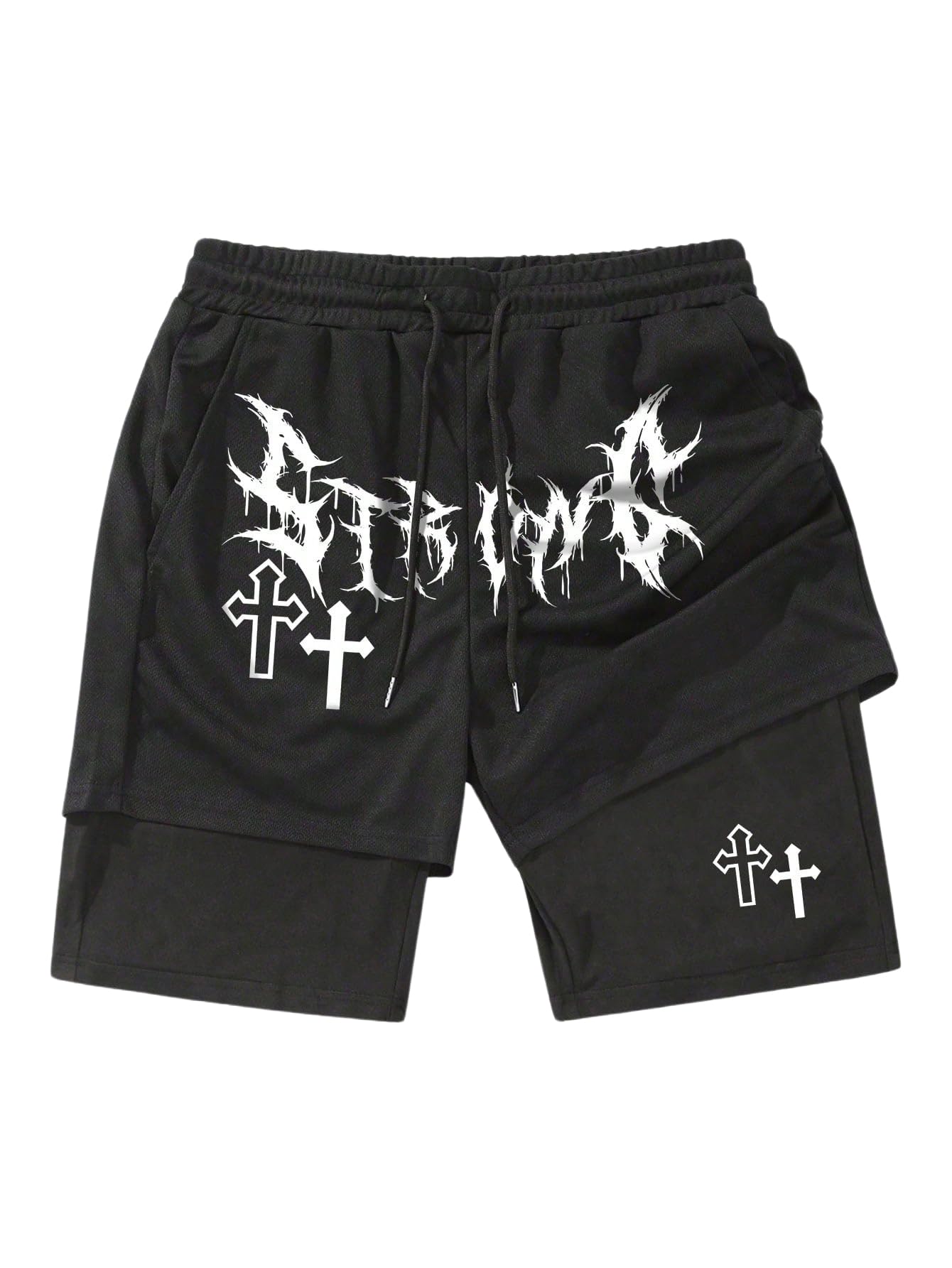 SHENHE Men's Graphic Shorts with Liner Y2K Cross Print Drawstring 2 in 1 Goth Gym Anime Shorts