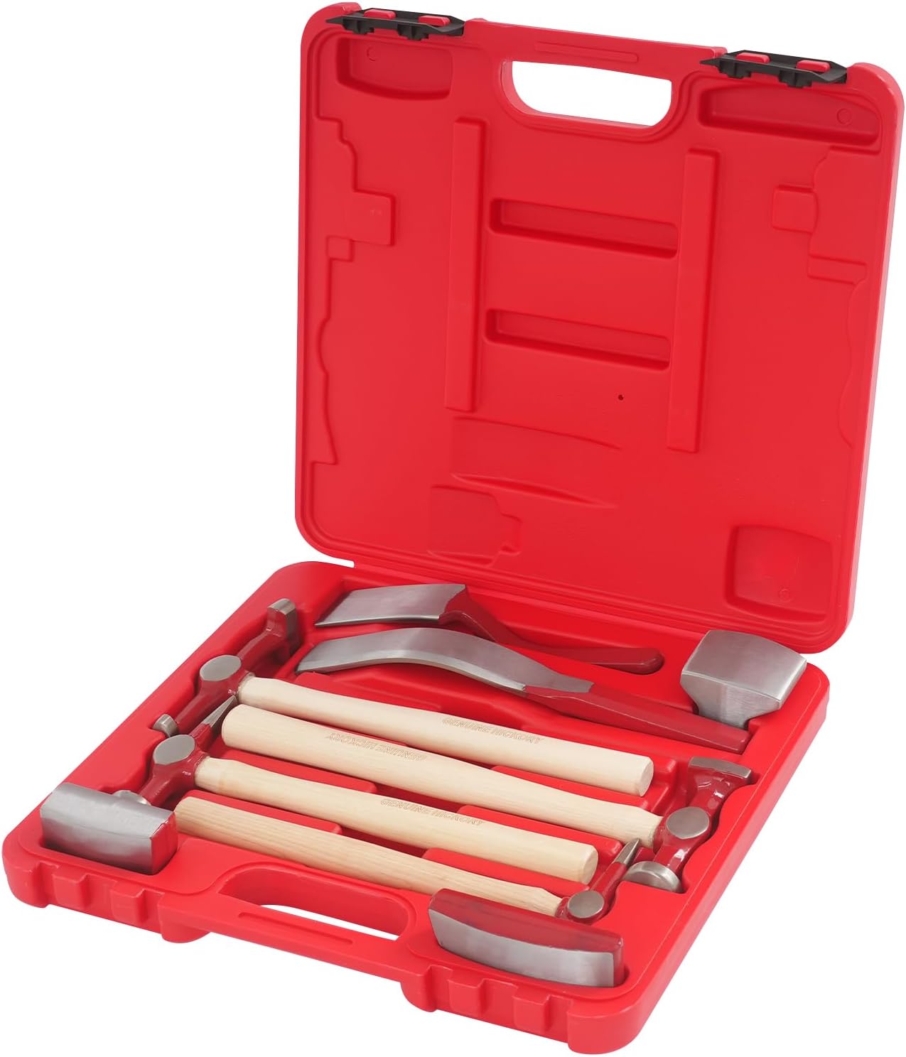 9-Piece Heavy-Duty Auto Body Repair Tool Set, Carbon Steel Fender Hammer Dolly Kit with Hickory Handles, Car Body Dent Repair Kit with Carrying Case