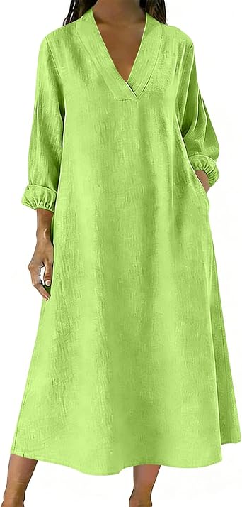 Yihaojia Womens Linen Cotton Dresses V Neck Bell Sleeve Loose Swing Tunic Midi Dress Solid Summer Casual Sundress with Pocket