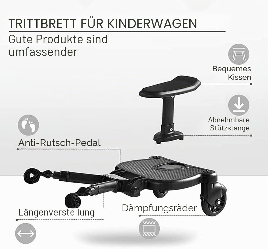 Buggy Board mit Sitz, Stehbrett, Kleinkinder, Kinderwagen-Board, stabiles Zweirad-Design mit Sitz, Stehbrett passt auf jeden Kinderwagen (Blau)