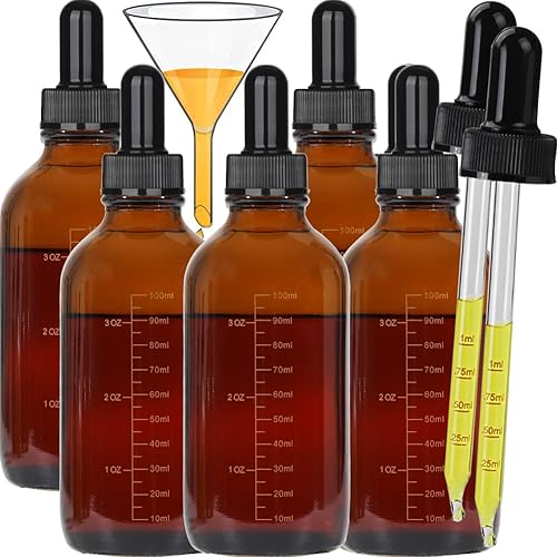 Miniatura 2 de HUIZHU 5 botellas cuentagotas de vidrio ámbar de 4.1 fl oz, botellas rellenables, botella dispensadora con pipetas cuentagotas para aceites