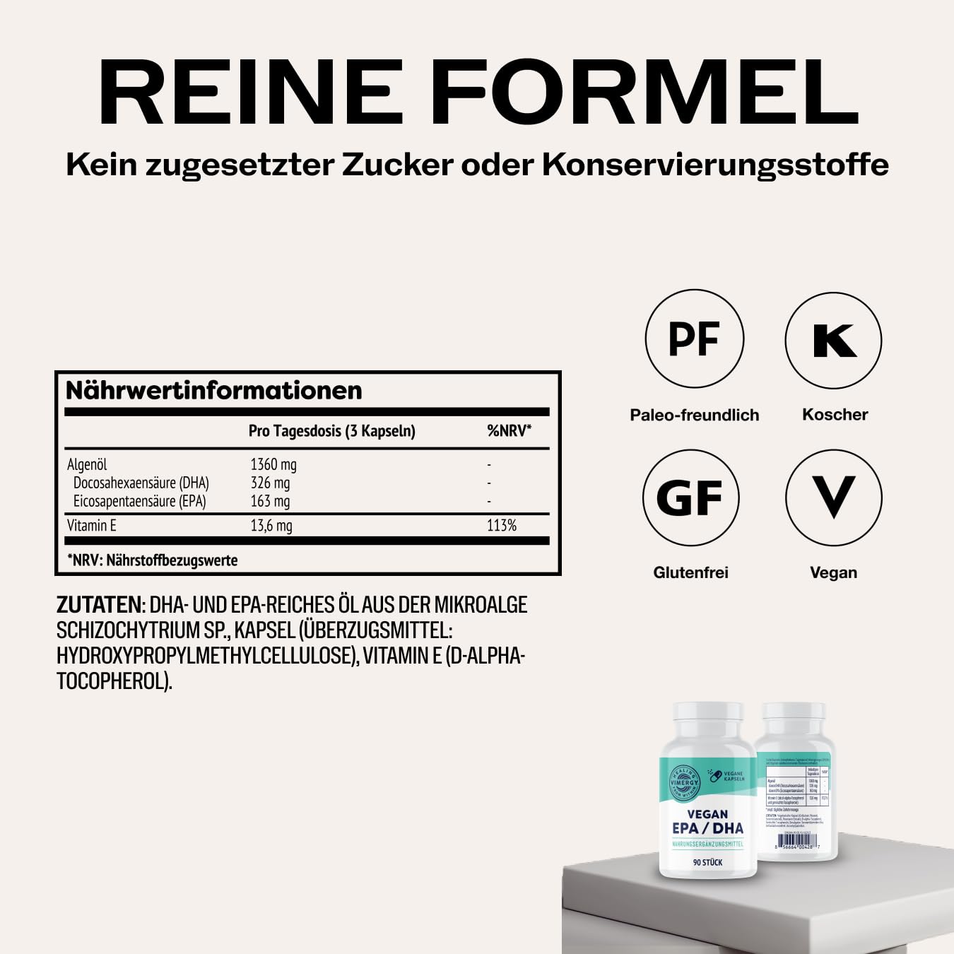Vimergy Vegan EPA DHA (30 Einnahmen) – Omega 3 Algenöl Kapseln – Softgel ohne Gelatine – Gentechnik & Glutenfrei, Koscher (90 Stück)