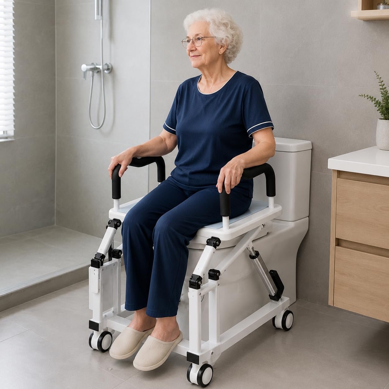 Sollevatore elettrico per sedile WC con braccioli e ruote, telaio di supporto per sollevamento adulto, capacità 200 libbre