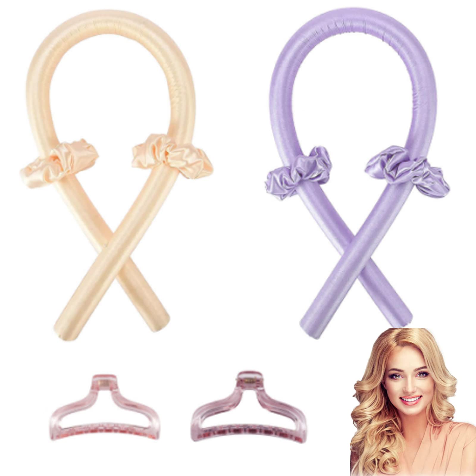 Tuofang Rizador Pelo Sin Calor, 2Pcs Varilla para Rizar Sin Calor, Rizadores de Pelo de Seda con Horquillas y Diademas, para Herramientas de Peinado de Cabello Medio y Largo (Amarillo Morado)