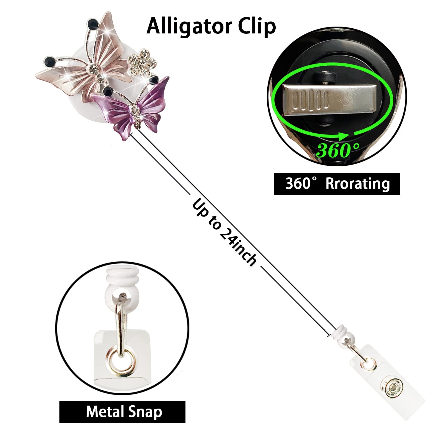 3Pcs Crystal Blue Butterfly Rhinestones Retractable Badge Reel, Bling Diamond Nurse Badge Holder Reels, Swivel Alligator Clip Badge Holders For Teachers Students Volunteers Employees Badge Holders